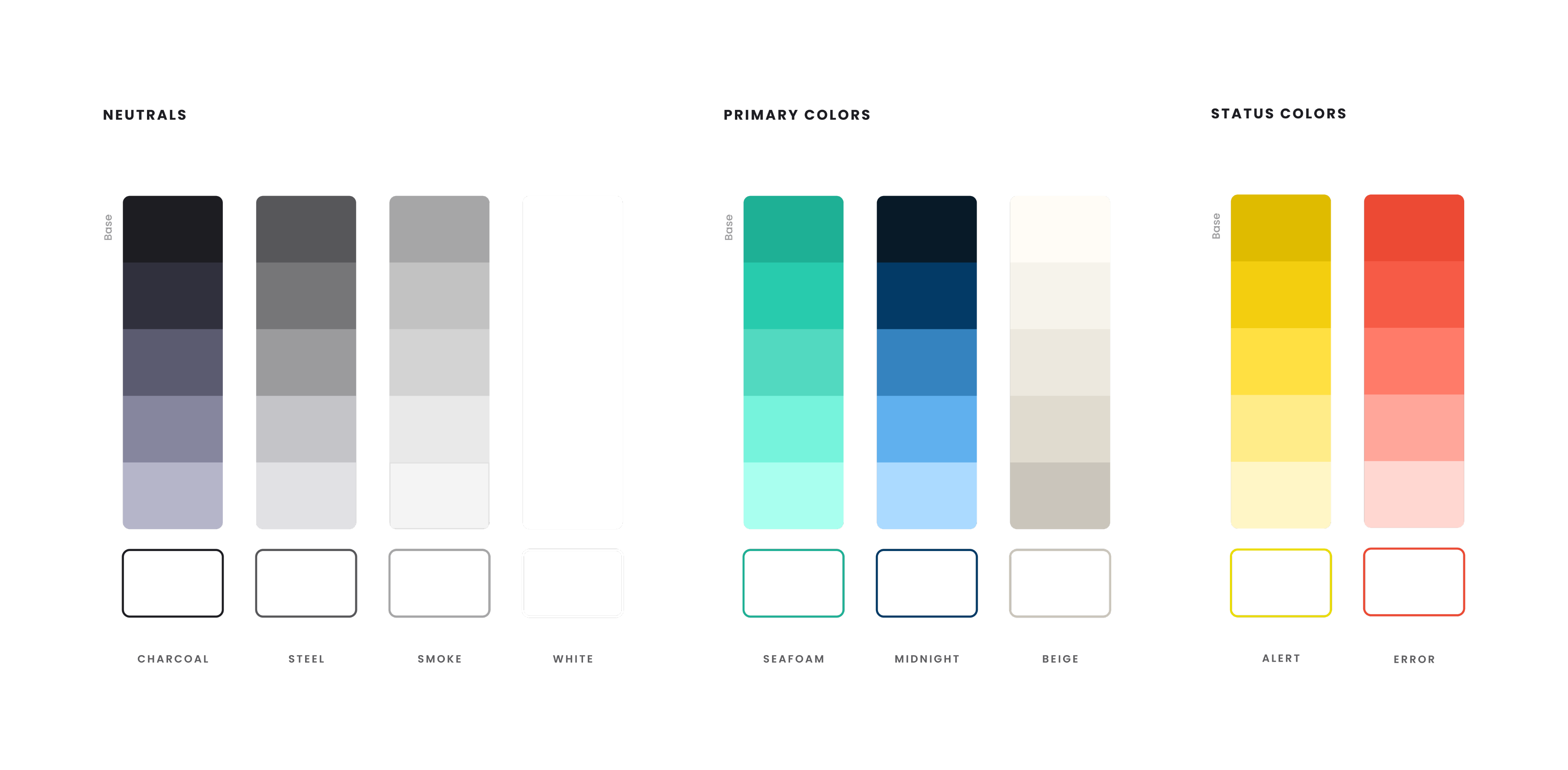Color palette for Revenue HQ, including primary colors- green blue and beige, neutrals with shades of cool, neutral, and warm gray, and status colors yellow and orange. there are multiple shades of each from dark to light, and then a version with a stroke of the color rather than a fill.